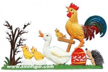 Duck, chick, hedgehog and rooster singing at a easter concert 