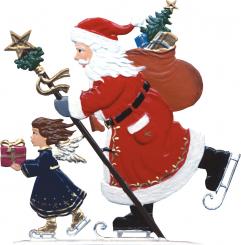 Der Weihnachtsmann zusammen mit einem Engel auf Schlittschuhen 