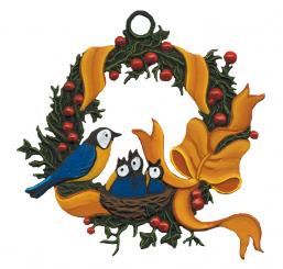 Ornament: Wreath with birds and bow. To hang, painted on both sides 