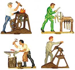 Vier verschiedene Metallhandwerker, bemalt 