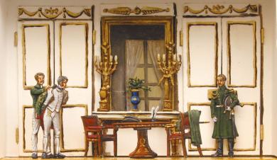 The departure. French Napoleonic officers start for their daily duty. France 1804-15. 