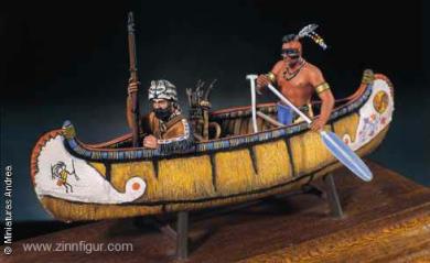Trappeur avec indien iroquois en canoë 