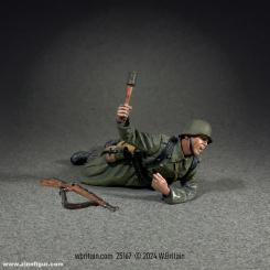 German Grenadier in Greatcoat Prone Throwing Grenade - 1942-45 