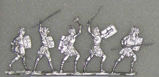 Five warriors on foot in battle 