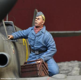 Luftwaffe Mechanic Kneeling on Wing 